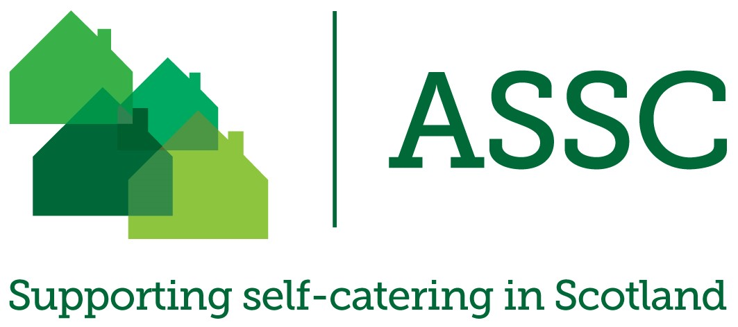 Logo of ASSC with overlapping green houses symbol and text Supporting self-catering in Scotland