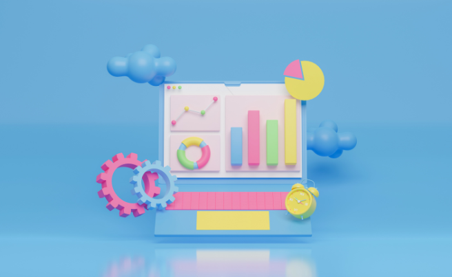 Colourful 3D illustration of a laptop displaying charts and graphs, surrounded by gears and an alarm clock.