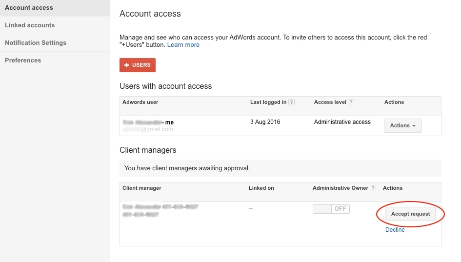 Account Access - Google Premier Partner (Scotland) Screenshot of Google AdWords account access page showing user and client manager access details with an option to accept request circled in red.