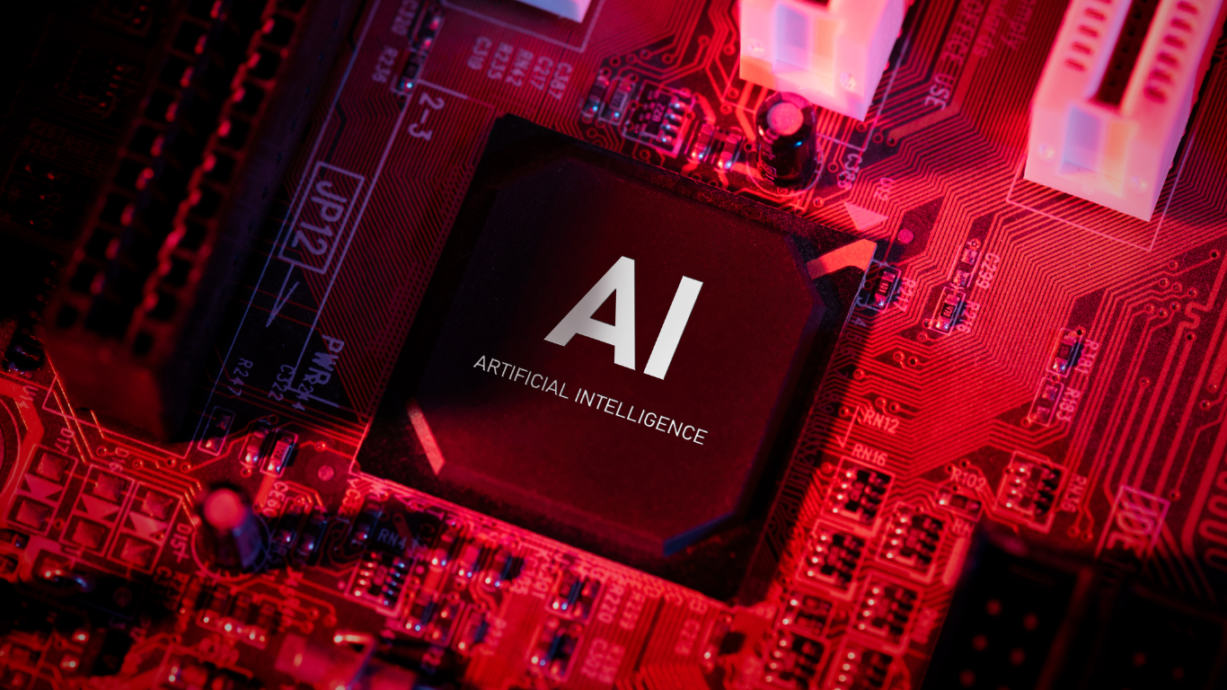 Close-up of a computer chip on a circuit board illuminated in red with AI and Artificial Intelligence text