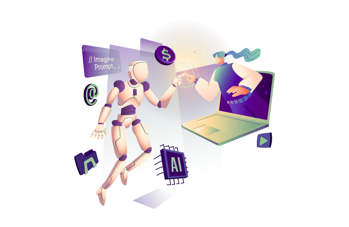 Illustration of a human hand reaching from a laptop screen to connect with a humanoid robot surrounded by digital icons including AI chip, dollar sign, and code prompt