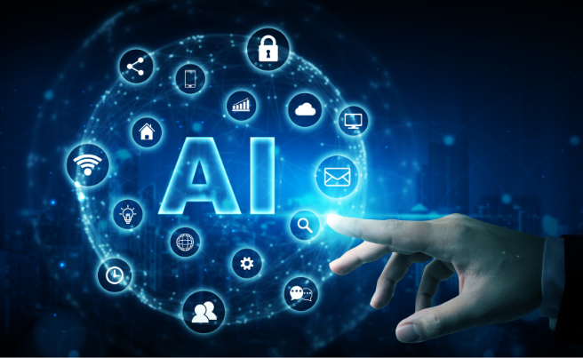 Hand reaching towards a glowing AI symbol surrounded by various digital technology icons representing connectivity and data