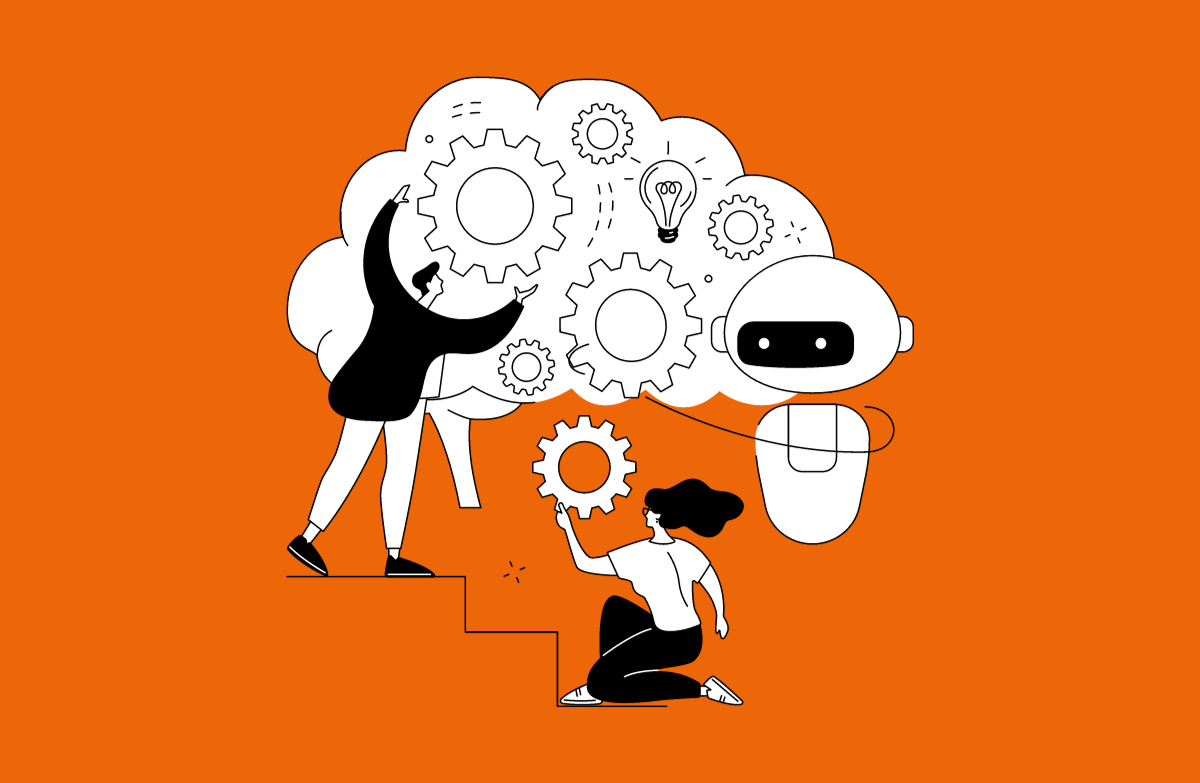 Illustration of two people interacting with gears and a robot head inside a thought cloud on an orange background