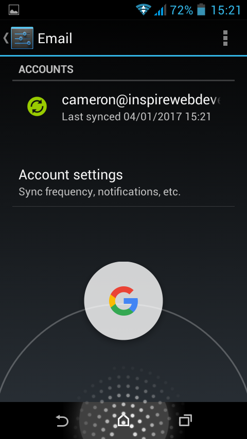 Android phone screenshot showing Email account settings with synced email account and sync frequency options