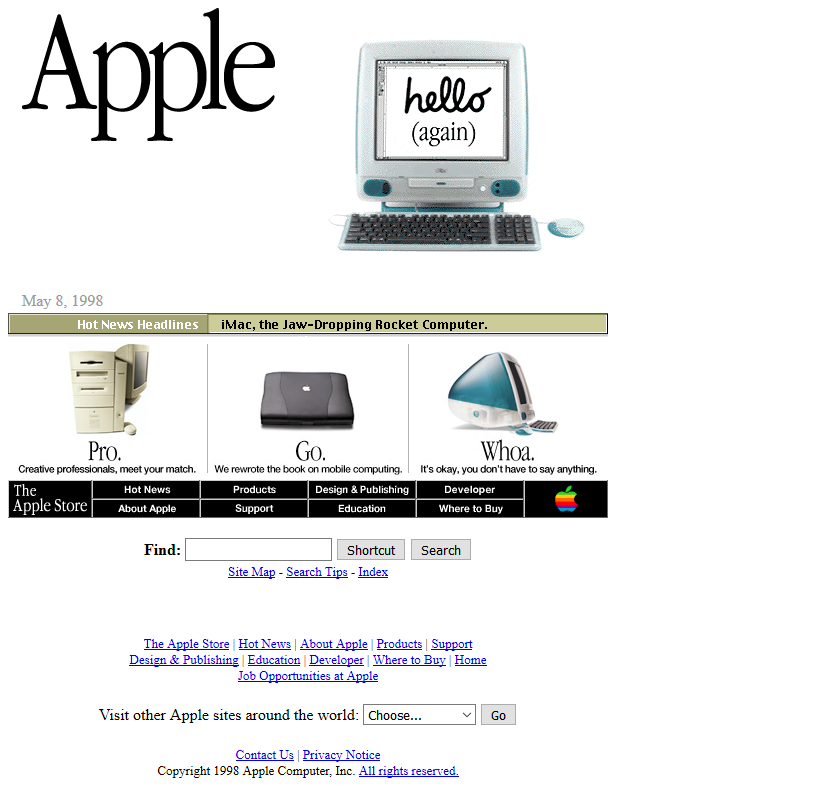 Screenshot of Apple website homepage from May 8, 1998, featuring iMac and product categories Pro, Go, and Whoa with navigation links and search bar