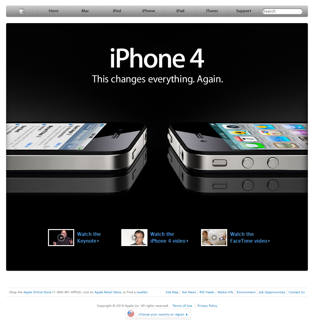 Apple iPhone 4 displayed horizontally showing email and home screen with slogan 'This changes everything. Again.' on black background