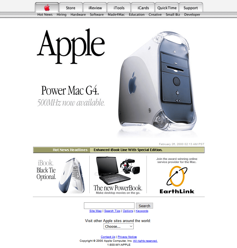 Screenshot of vintage Apple website featuring Power Mac G4 with 500MHz, iBook, and PowerBook ads, dated February 28, 2000