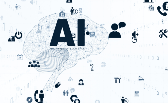Digital brain illustration with interconnected AI network and various technology icons surrounding it