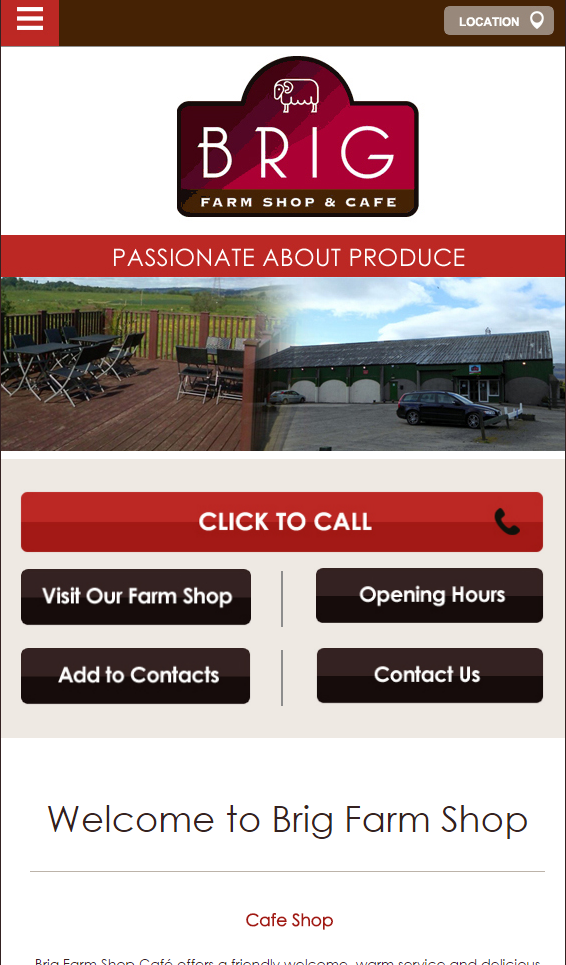 BRIG farm shop | Web Design | Perth Website screenshot showing Brig Farm Shop and Cafe logo, outdoor seating area, farm shop building with parked car, and navigation buttons for calling, visiting, hours, and contact