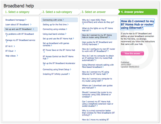 Screenshot of BT Broadband Help webpage showing a four-step navigation and an answer preview about connecting to a BT Home Hub or router using Ethernet.