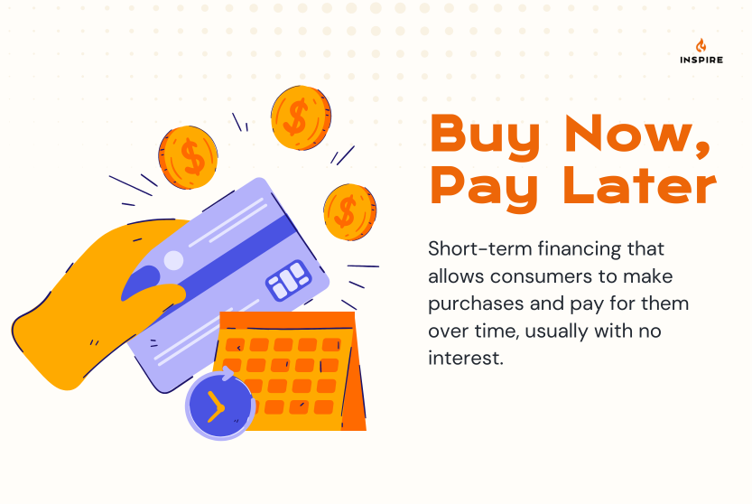 Illustration of a hand holding a credit card, with coins, a clock, and a calendar representing buy now pay later short-term financing