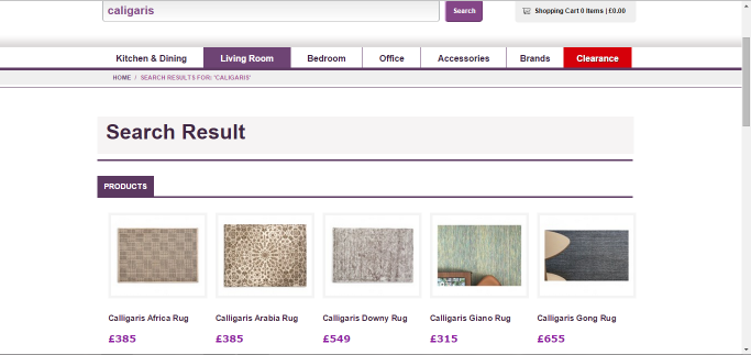 Search Website search results page showing a selection of Caligaris rugs with images, names, and prices