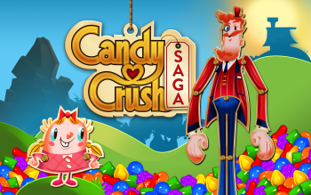 Candy Crush Saga logo with two animated characters standing among colourful candy pieces