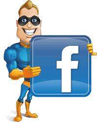 Cartoon superhero wearing blue and gold suit holding a large blue square with the white Facebook 'f' logo