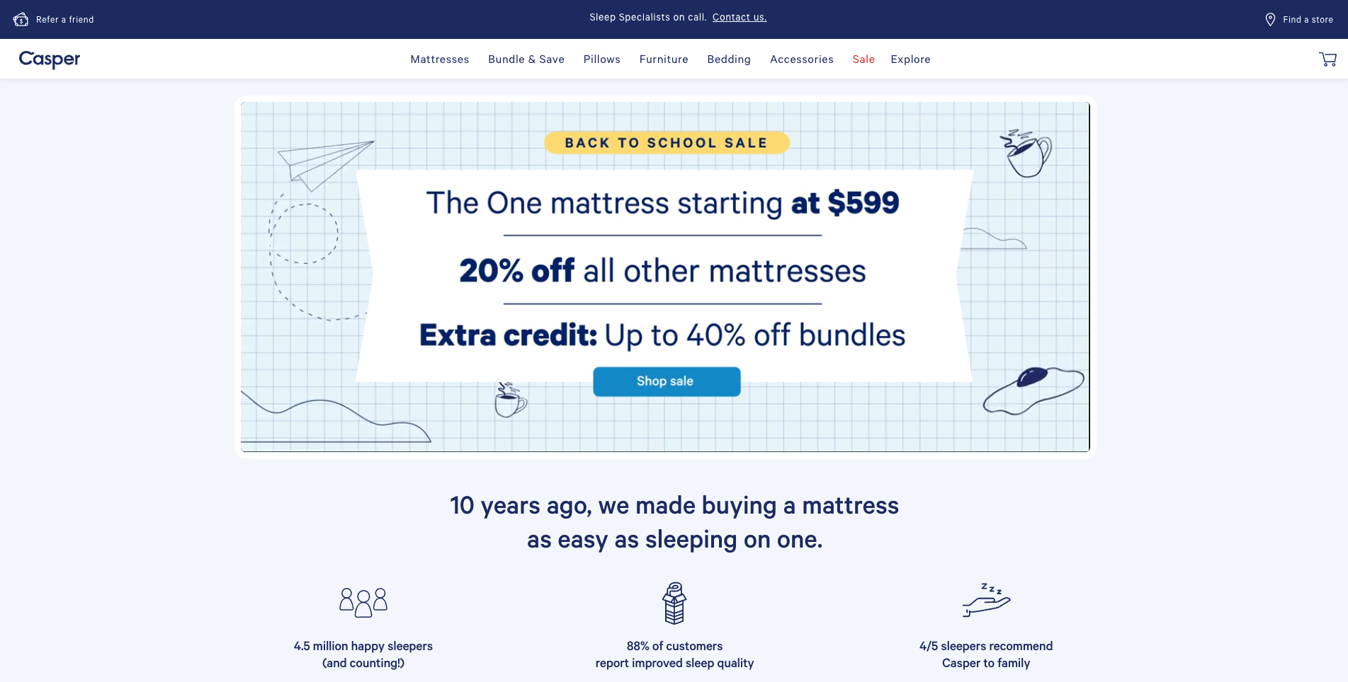 Back to school sale banner offering The One mattress starting at 9, 20% off all other mattresses, and up to 40% off bundle extra credit with a shop sale button