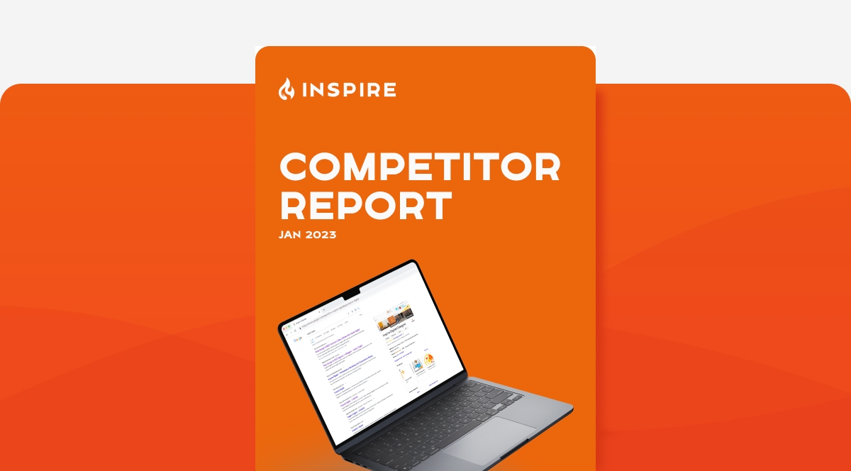 Cover of Inspire's Competitor Report for January 2023 with a laptop showing search results on an orange background