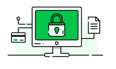 Illustration of a computer display with a green screen showing a padlock symbolising SSL security, with credit card and document icons connected