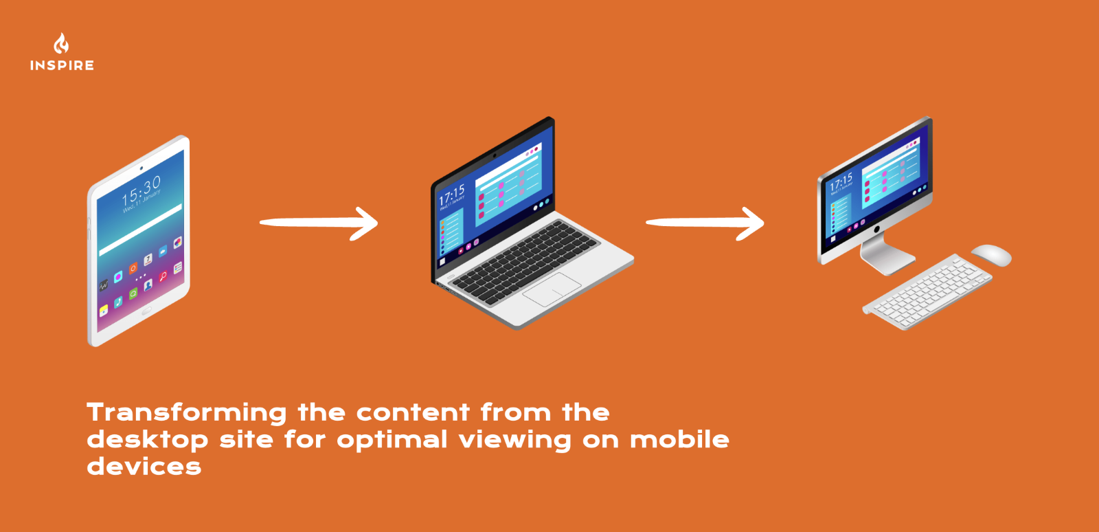 Illustration showing content transforming from desktop to laptop to mobile device for optimal viewing