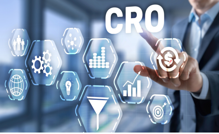Businessperson interacting with digital icons representing conversion rate optimisation concepts including graphs, funnel and dollar sign