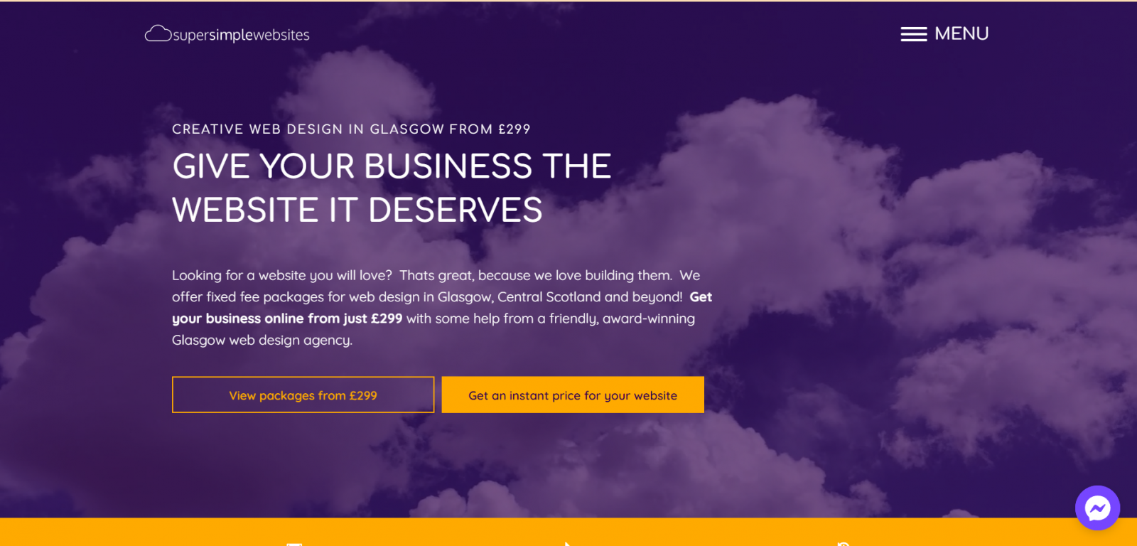 Website header promoting creative web design in Glasgow with packages starting from £299 and call-to-action buttons