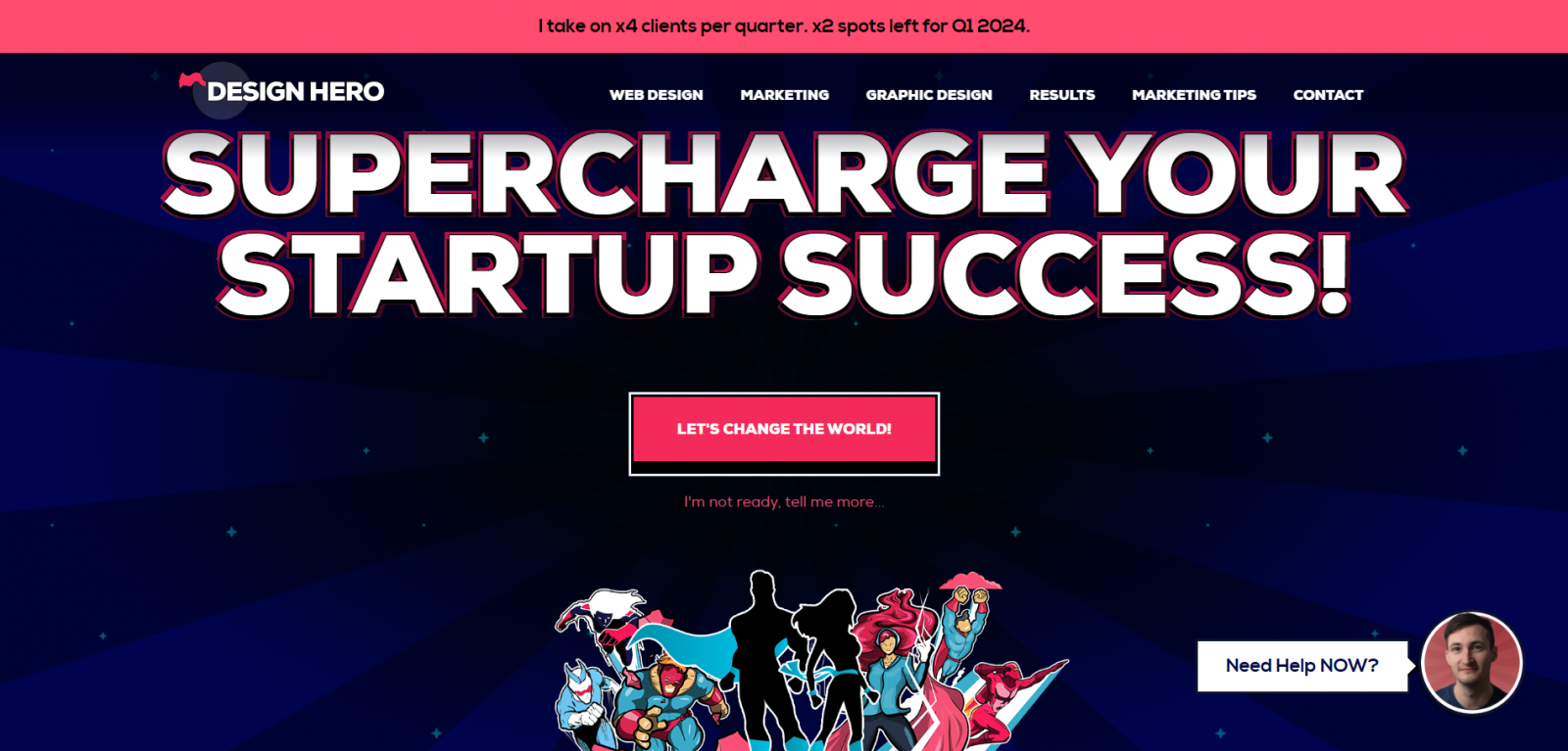 Design Hero website homepage showing superhero-themed figures and bold text 'Supercharge Your Startup Success' with navigation menu and call-to-action button.