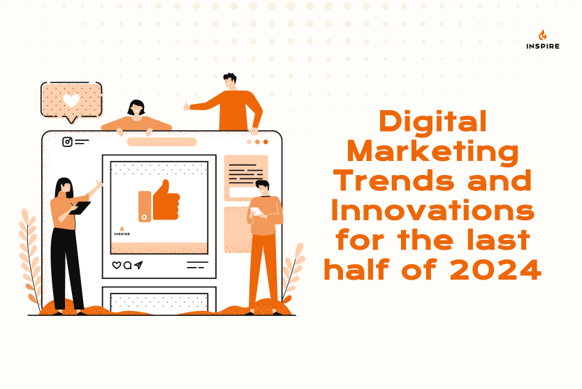Illustration of people interacting with a social media post showing a thumbs-up icon beside text about digital marketing trends and innovations for the last half of 2024