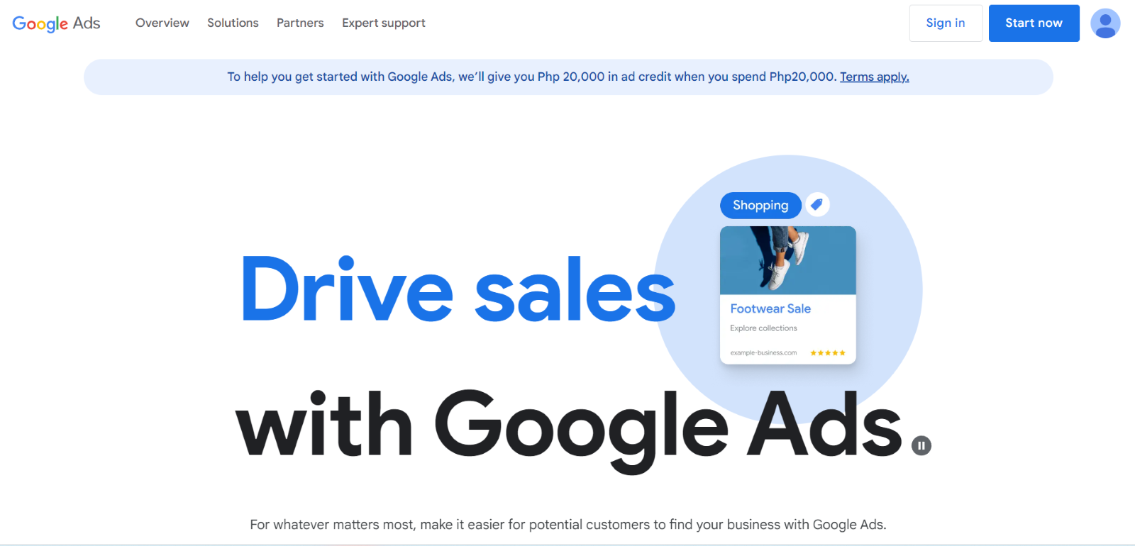 Google Ads webpage banner promoting driving sales with a shopping ad for footwear sale