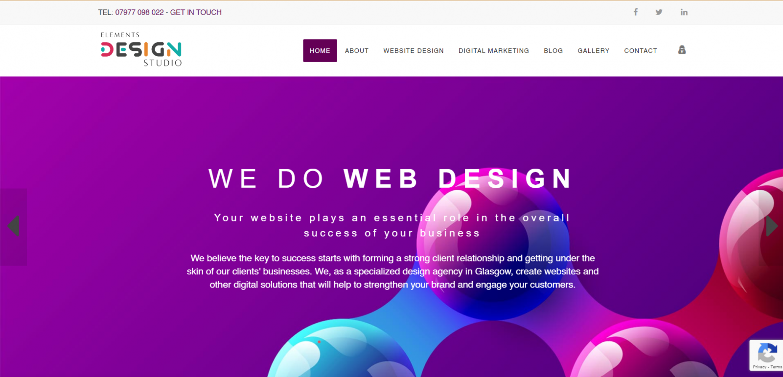 Purple background with 3D abstract spheres and text highlighting web design services by Elements Design Studio