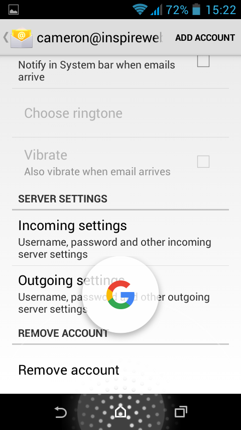 Mobile screen showing email account setup with options for incoming and outgoing server settings and removing account