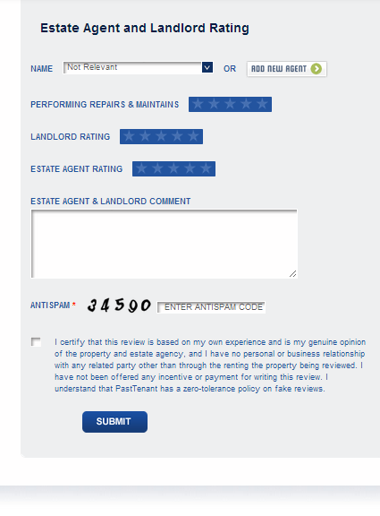 Concept Web Development - Estate Agent and Landlord Rating Review Online form for rating estate agents and landlords with star ratings for repairs, landlord, and estate agent, plus comment box and antisapm code entry