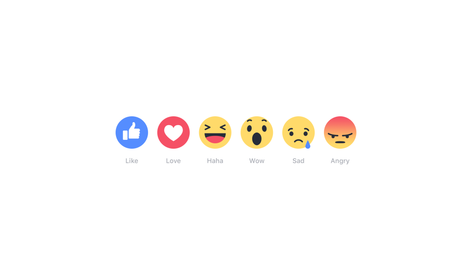 Facebook reactions icons showing Like, Love, Haha, Wow, Sad and Angry emojis in a row