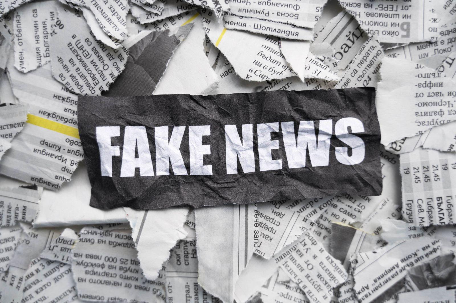 Crumpled black paper with white text ‘FAKE NEWS’ placed on torn pieces of newspaper