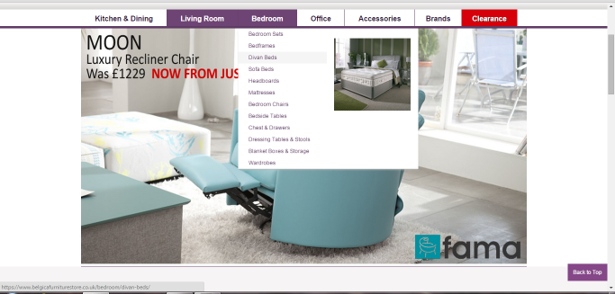 Drop down menu Website screenshot showing Fama Moon luxury recliner chair promotion and dropdown menu under Living Room category