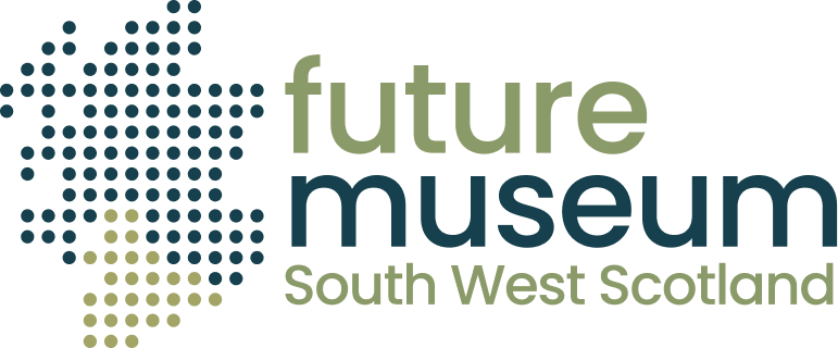 Logo for Future Museum South West Scotland showing stylised dotted map and organisation name