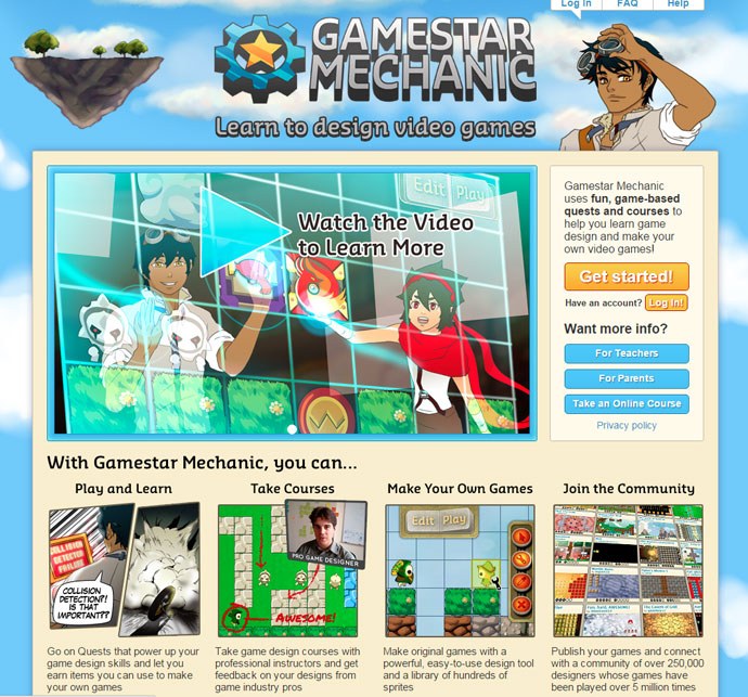 Screenshot of Gamestar Mechanic website showing game characters, game design interface, and options to play, take courses, and join a community for learning to design video games
