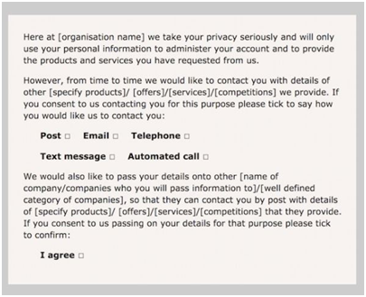 GDPR consent form detailing options for how an organisation may contact a user including post, email, telephone, text message and automated call, with checkboxes for consent and agreement.
