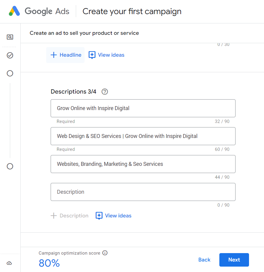Google Ads interface showing the step to create an ad campaign with fields for headlines and descriptions, and a campaign optimization score of 80%.