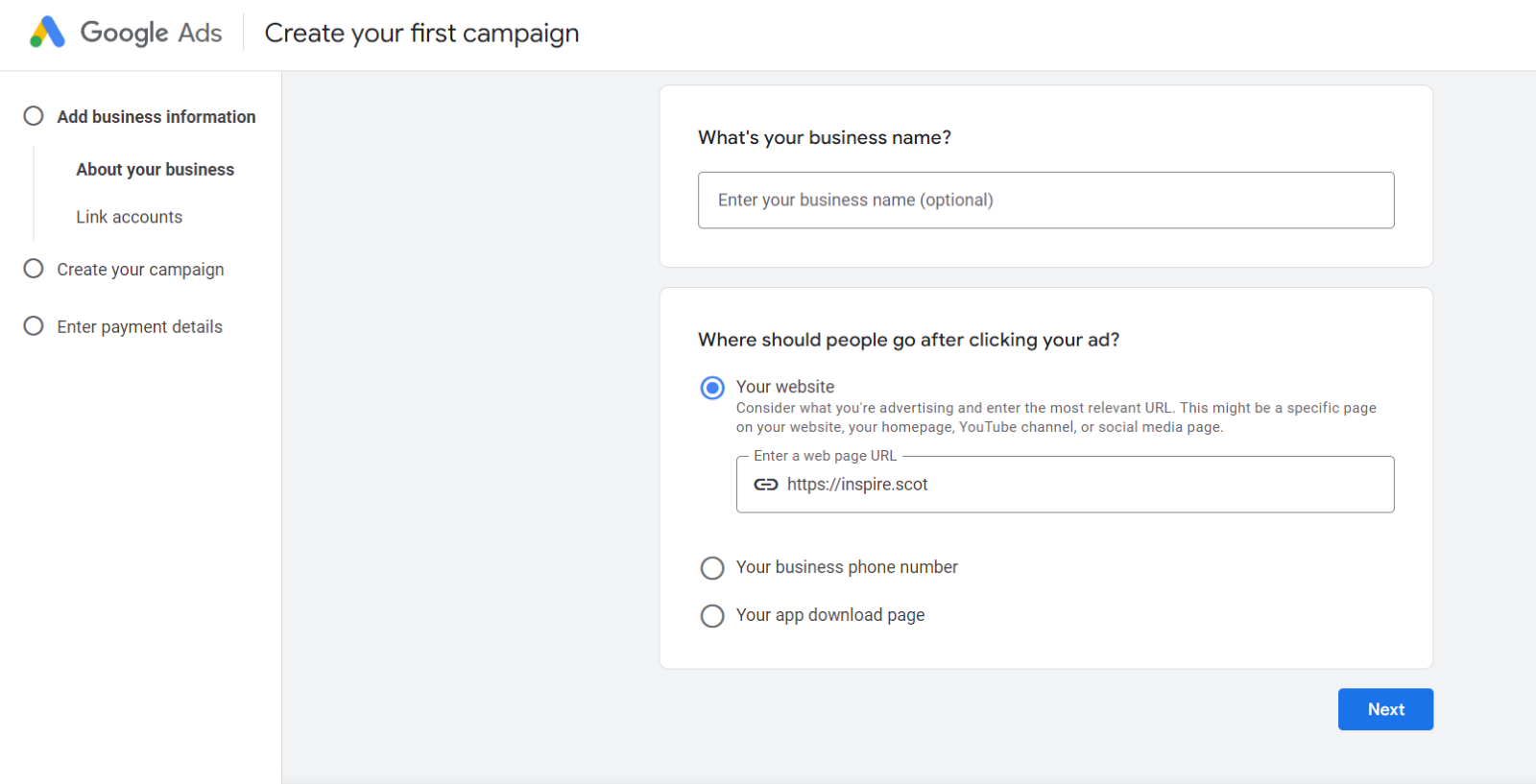 Google Ads interface showing the first step to create a campaign with options to add business information such as business name and website URL