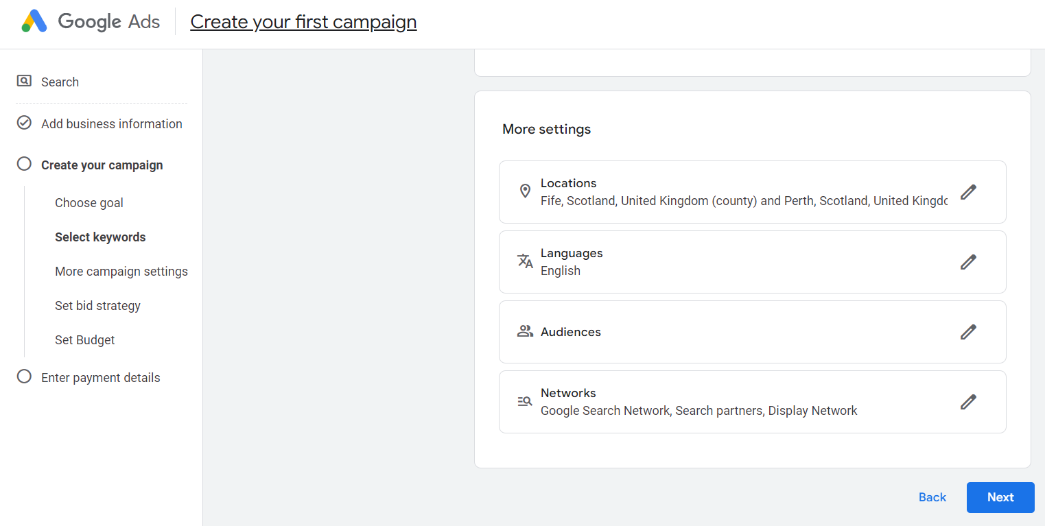 Google Ads campaign creation interface showing steps like Choose goal, Select keywords, More campaign settings, Set bid strategy, and Set Budget with a focus on location, language, audience, and network settings.