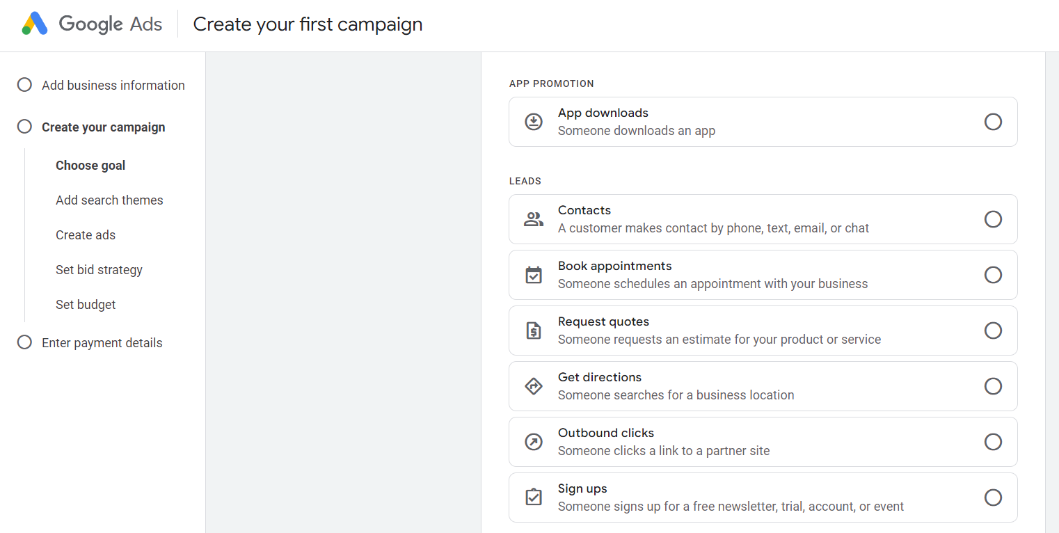 Google Ads interface showing the steps to create your first campaign with options for app promotion and various lead goals