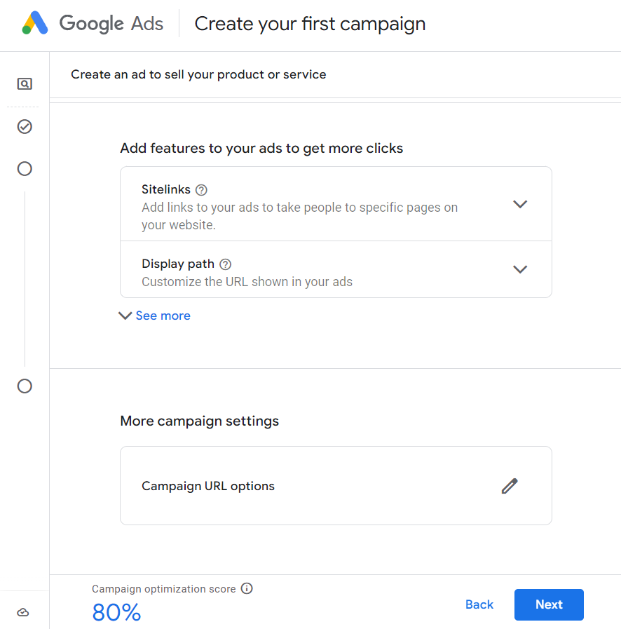 Google Ads interface showing options to add sitelinks and display path features for a new ad campaign with an 80% campaign optimization score