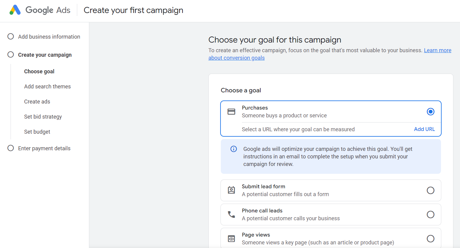 Google Ads interface showing steps to create a campaign, with the 'Choose a goal' section highlighted and 'Purchases' option selected