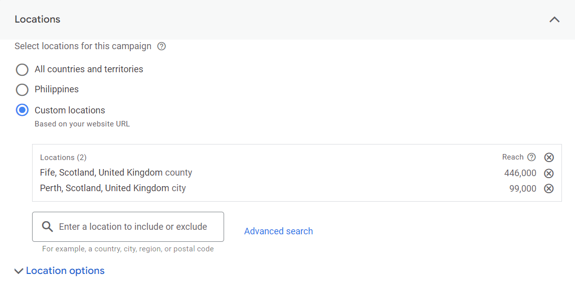 Google Ads campaign settings showing custom location targeting for Fife and Perth in Scotland, with estimated audience reach figures.