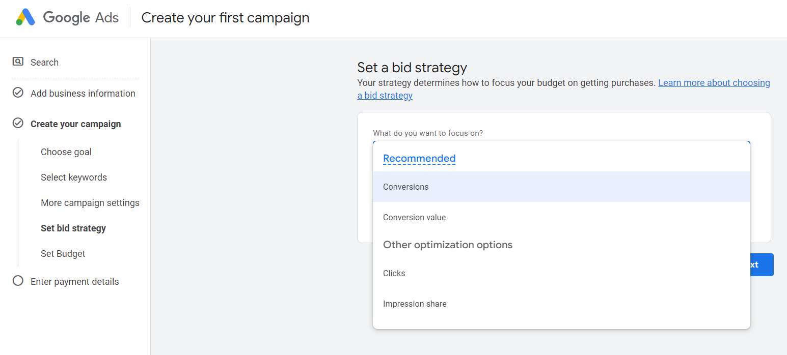 Google Ads interface showing the Set a bid strategy step with options including Conversions, Conversion value, Clicks, and Impression share