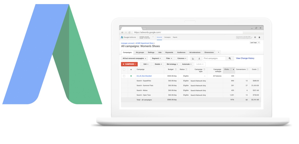 How to give access - Google Premier Partner (Scotland) Laptop screen showing Google Adwords campaign management interface with campaigns for women's shoes and budget details