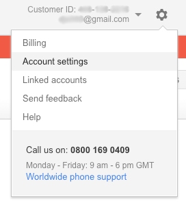 Google AdWords account menu showing customer ID, email, and options including account settings, linked accounts, billing, and help contact details