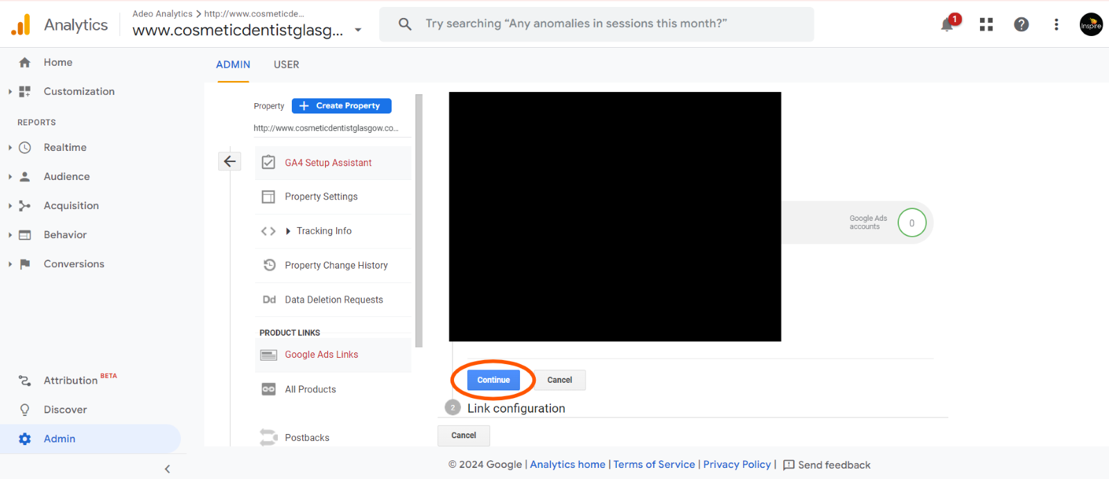 Google Analytics 4 admin interface showing the setup section for linking Google Ads accounts with a highlighted Continue button for link configuration confirmation.