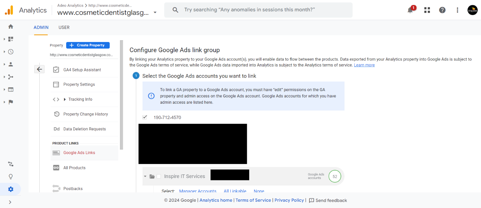 Google Analytics interface showing configuration steps to link Google Ads accounts for data sharing between services