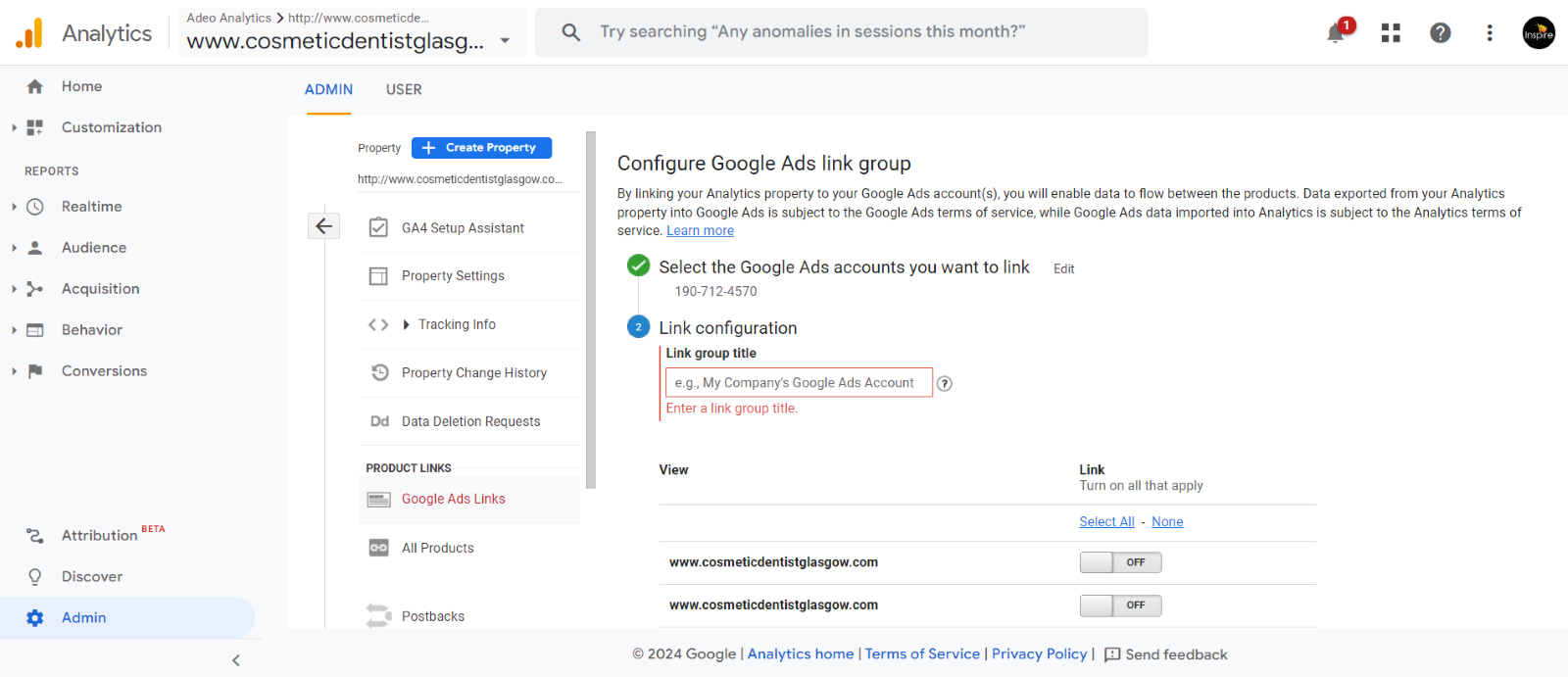 Google Analytics admin interface showing configuration for linking Google Ads account with link group title input and view link toggles for a website