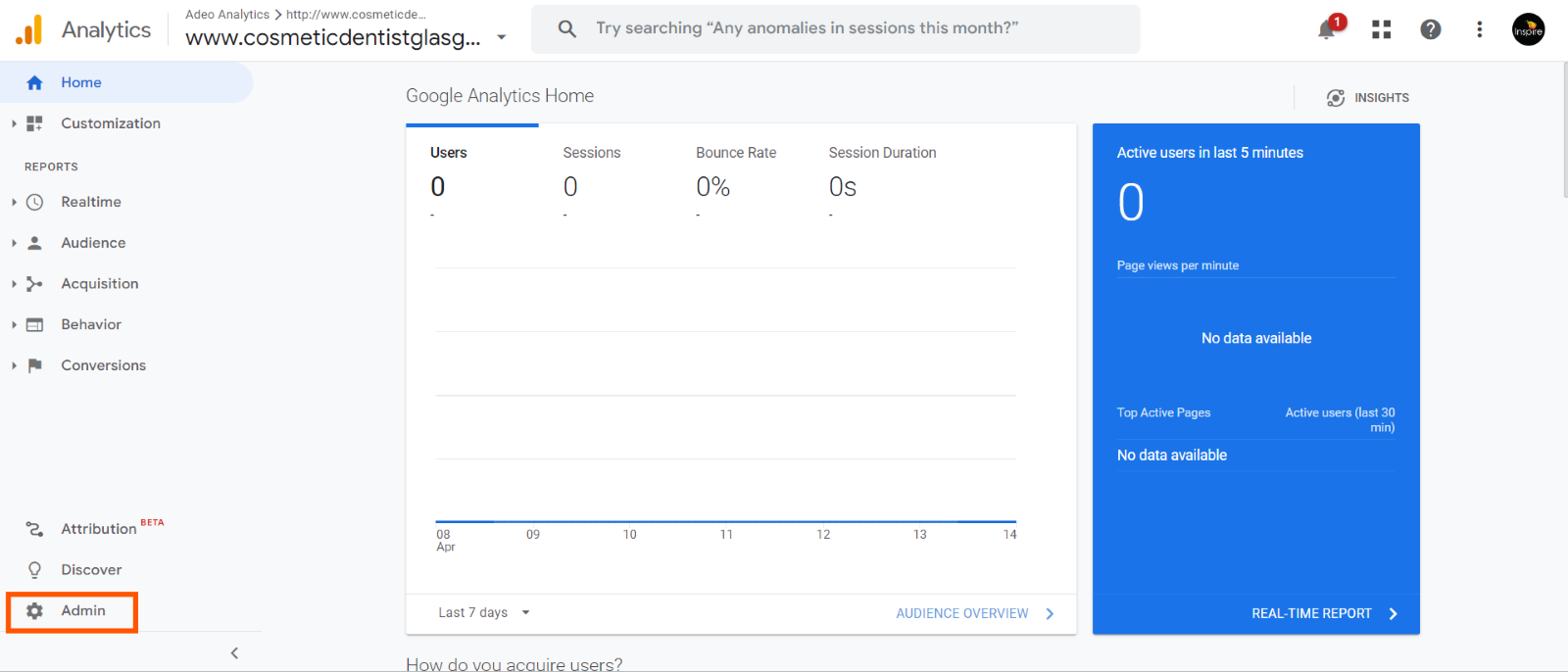 Google Analytics 4 home screen showing users, sessions, bounce rate, and session duration metrics with the Admin option highlighted on the left menu.